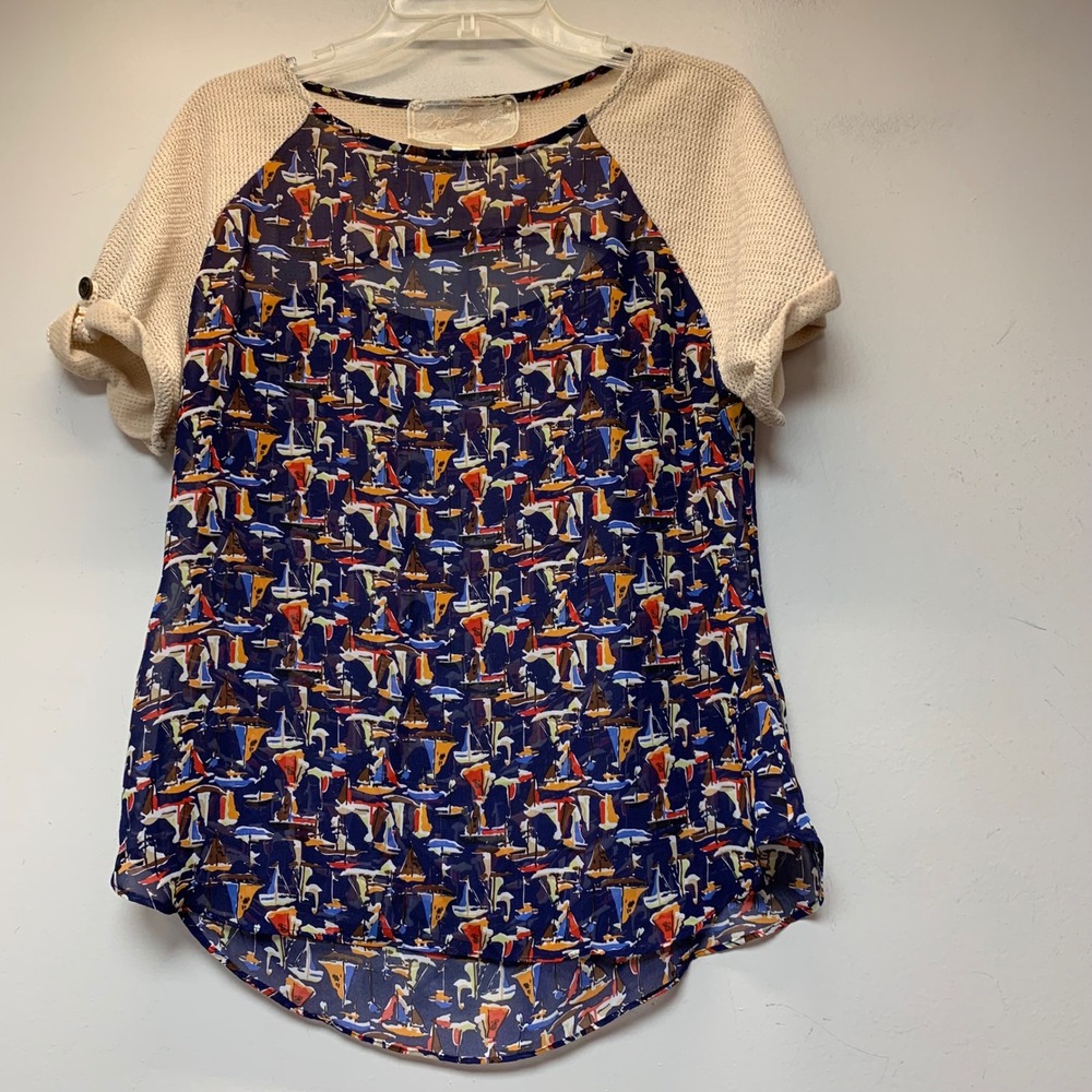 Adore Me Sailboat Print Mixed Media Top Women Small Blue Excellent Nautical